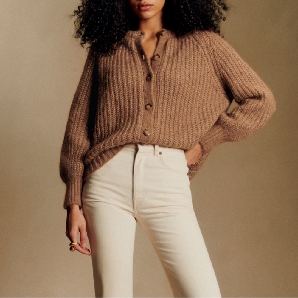 Sezane Brown Chunky Rib-Knit Button Cardigan
